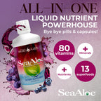 SeaAloe liquid multivitamin bottle showing label details and organic ingredients.
