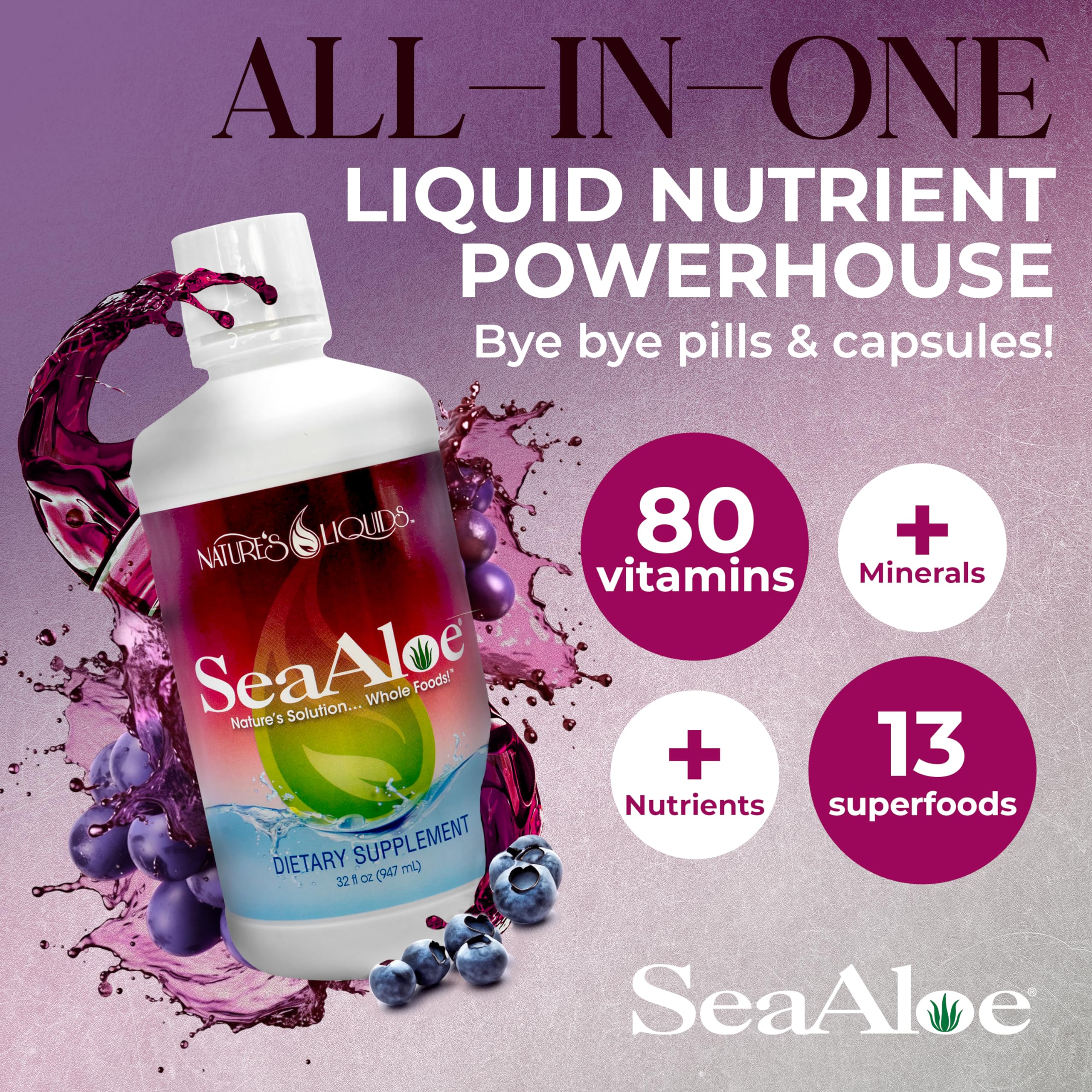 SeaAloe liquid multivitamin bottle showing label details and organic ingredients.