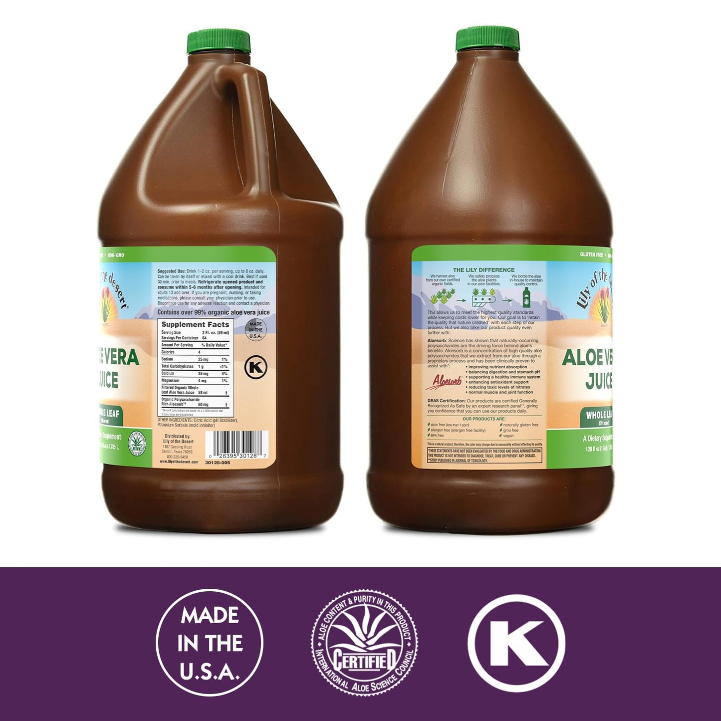 Lily of the Desert Whole Leaf Aloe Vera Juice large 1 Gallon jug showing organic certification labels.
