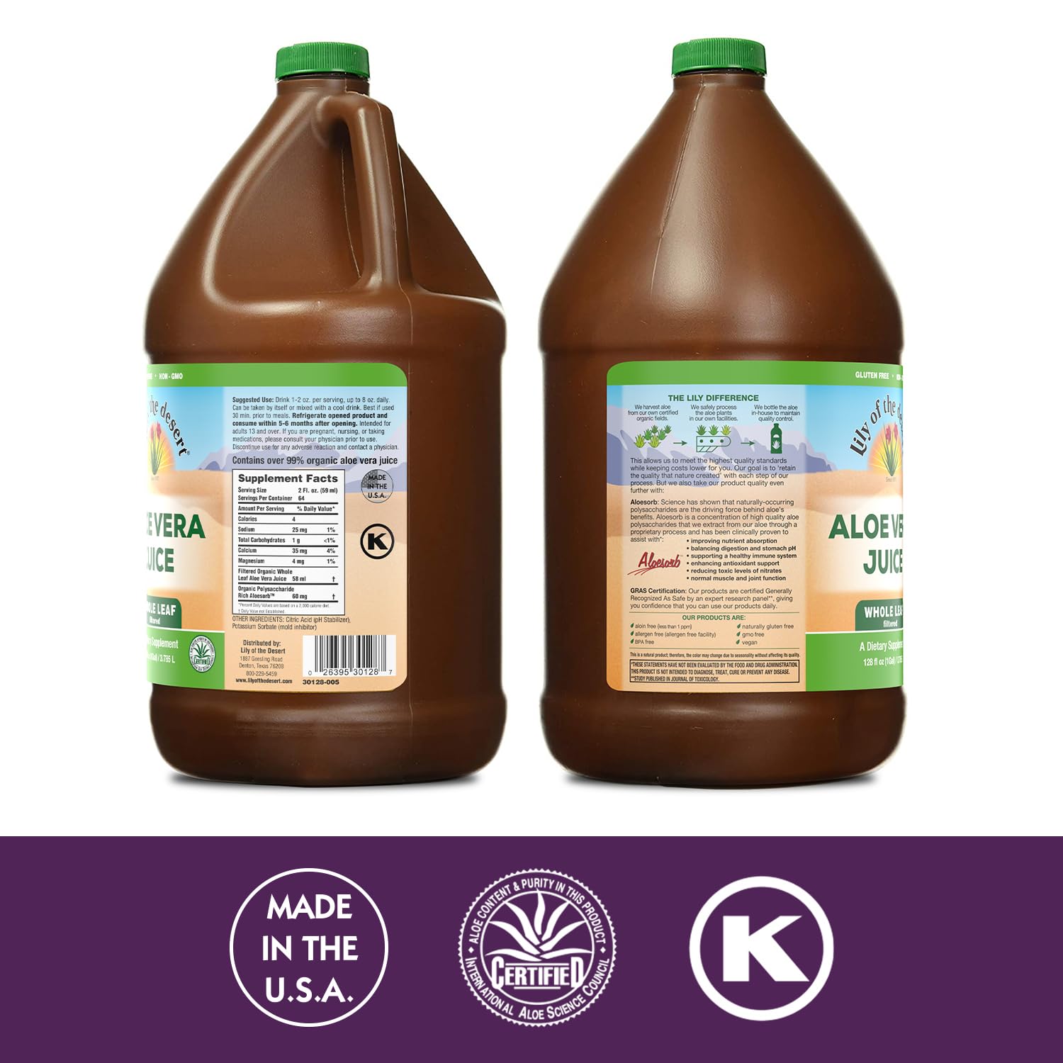 Lily of the Desert Whole Leaf Aloe Vera Juice large 1 Gallon jug showing organic certification labels.