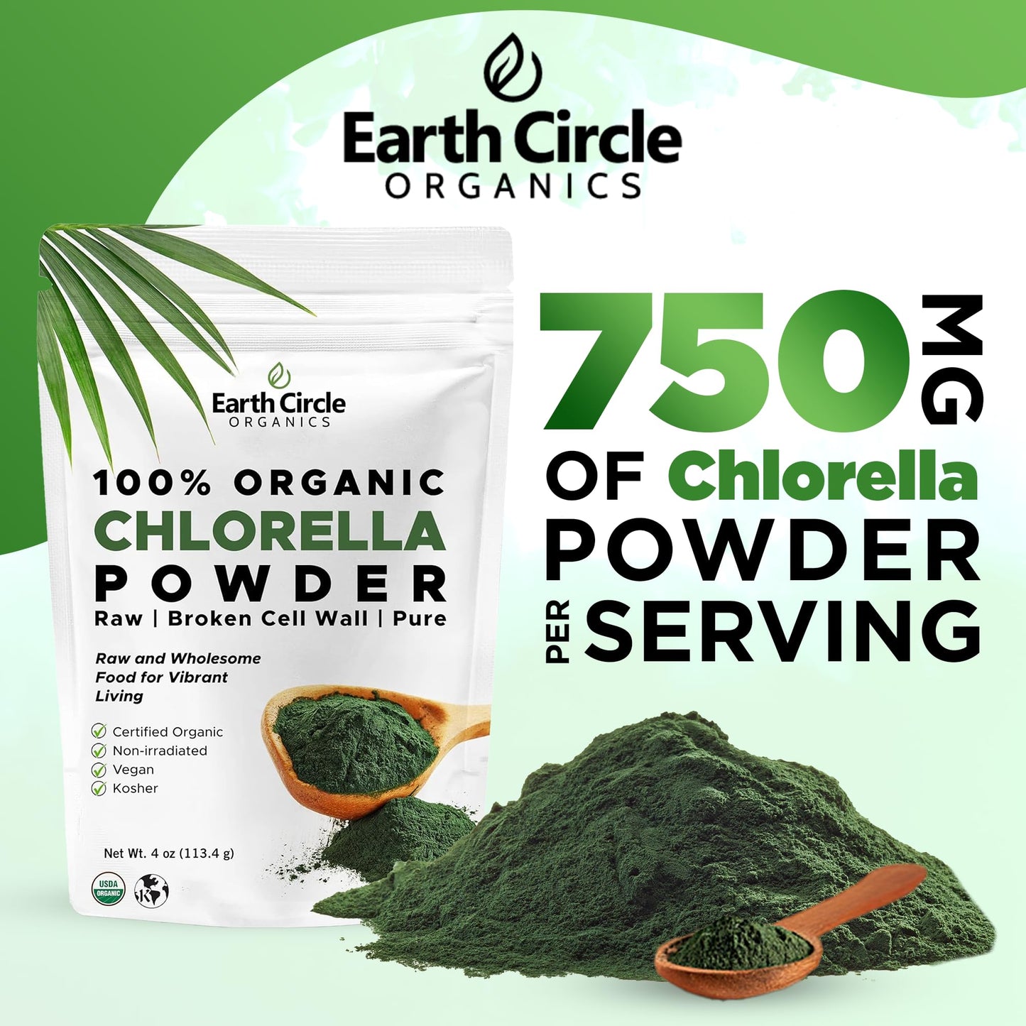 Fine green texture of Earth Circle Organics Chlorella powder