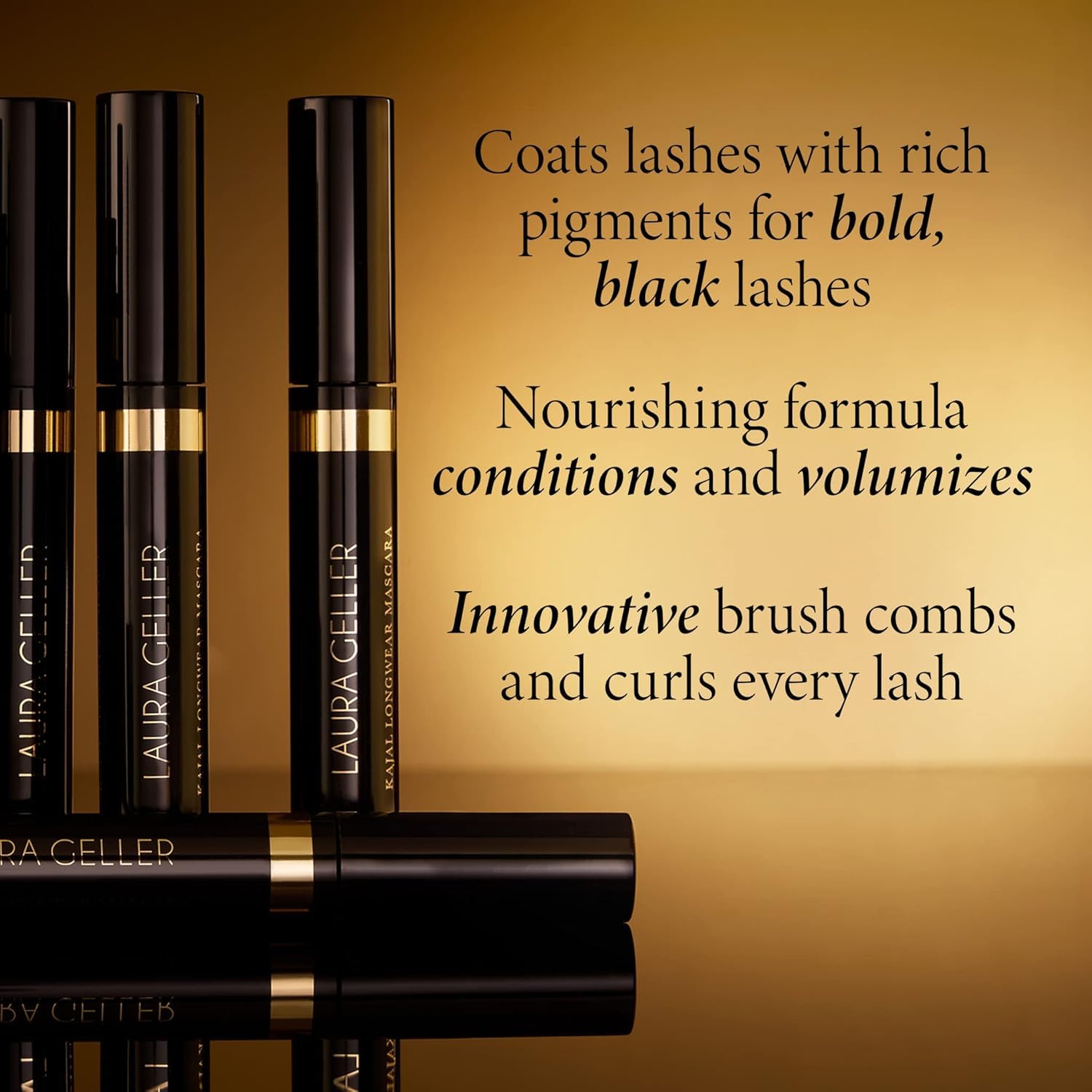 Laura Geller black mascara tube with its innovative curling brush extracted.