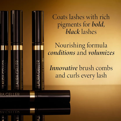 Laura Geller black mascara tube with its innovative curling brush extracted.