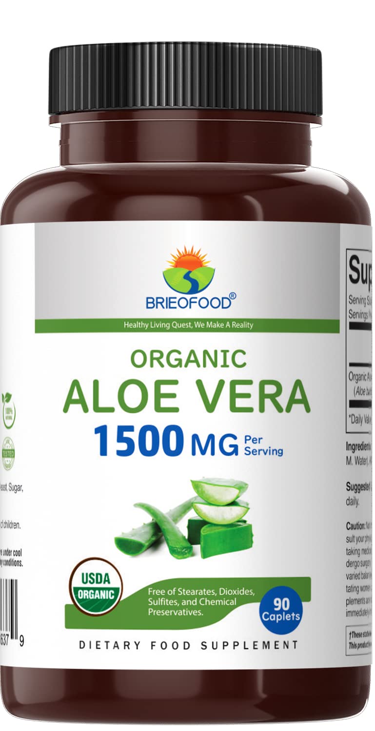 Label details of Brieofood Organic Aloe Vera showing 90 vegetarian tablets