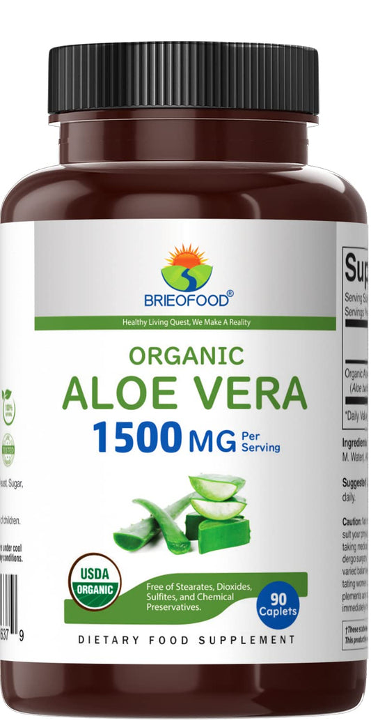 Label details of Brieofood Organic Aloe Vera showing 90 vegetarian tablets