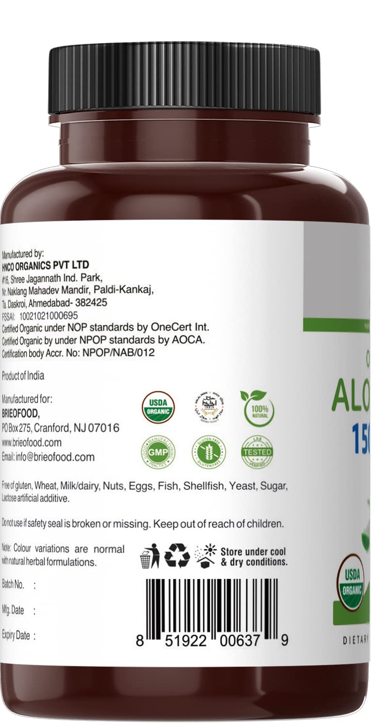 Close up of Brieofood Organic Aloe Vera supplement nutrition facts