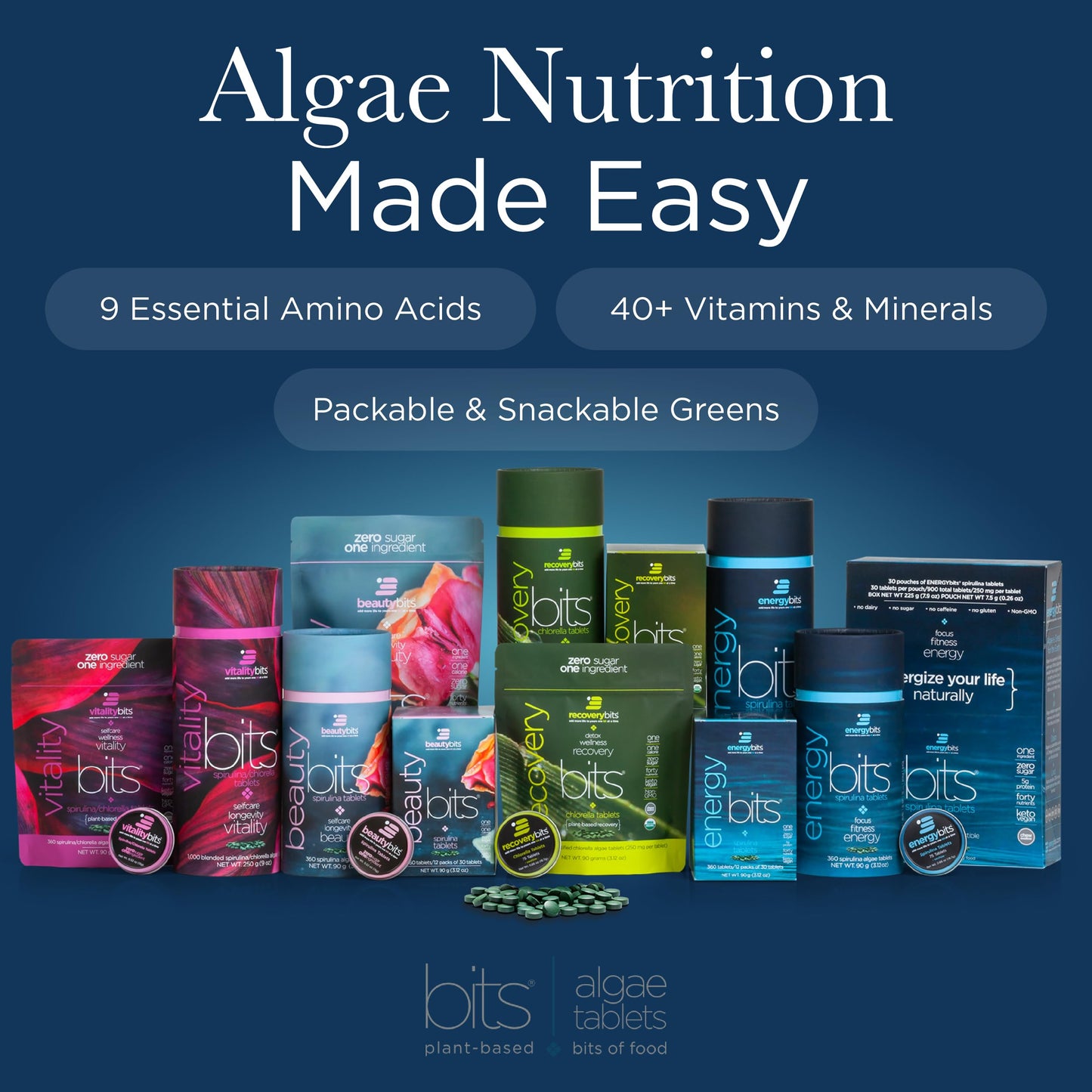 Energybits Vitalitybits spirulina chlorella algae tablets daily wellness