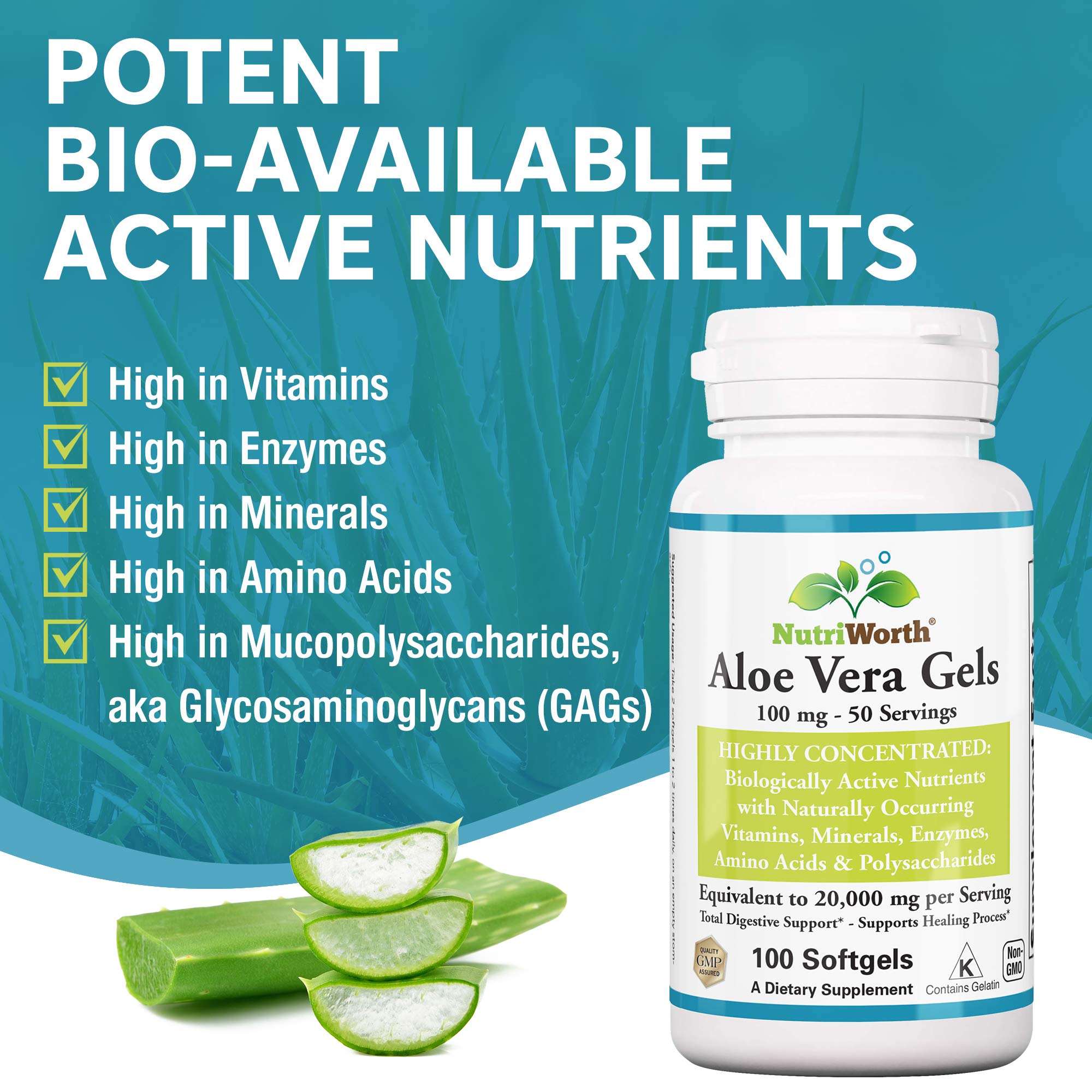 NutriWorth Aloe Vera 100 softgels bottle nutritional label