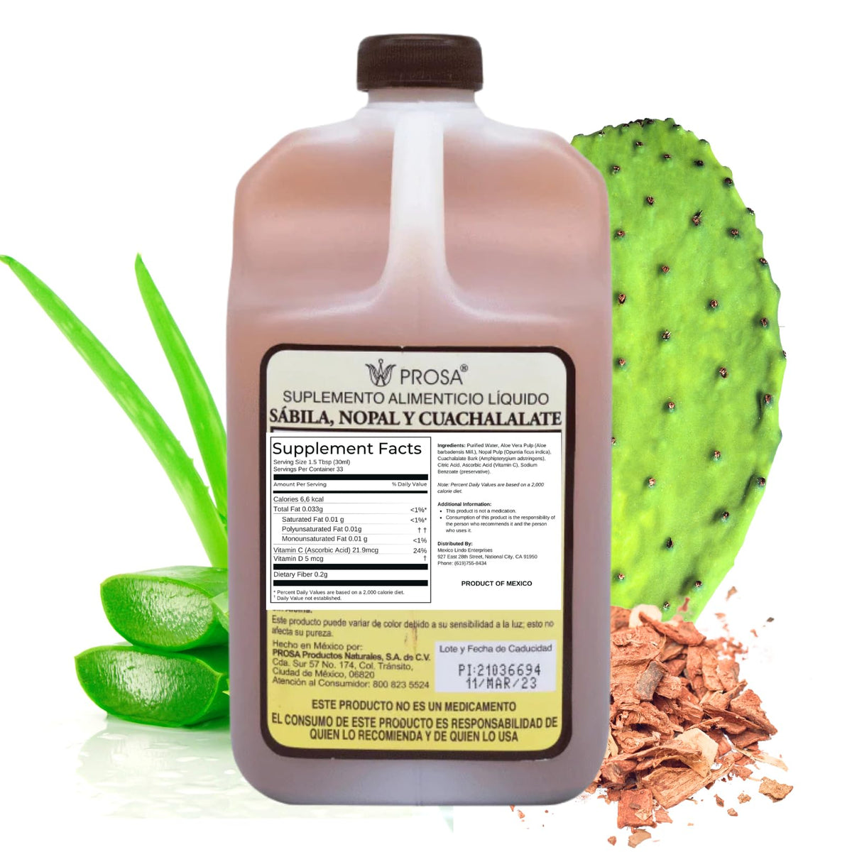 Yerbero Prosa herbal supplement bottle side profile showing ingredient list