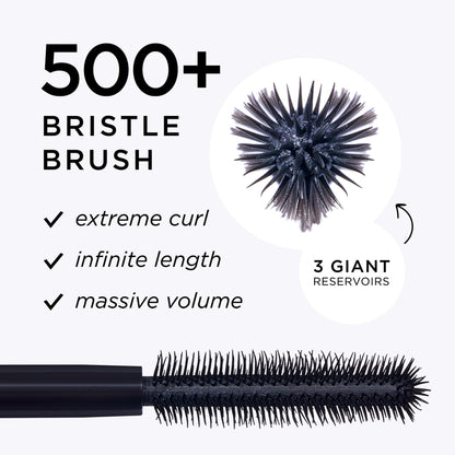 Close up of the creamy smudge proof black mascara bristles and wand tip