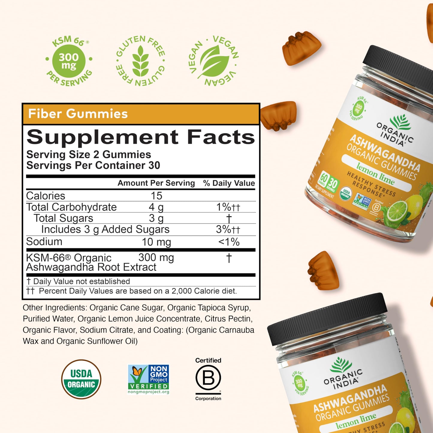 Organic India Ashwagandha Gummies glass jar packaging details