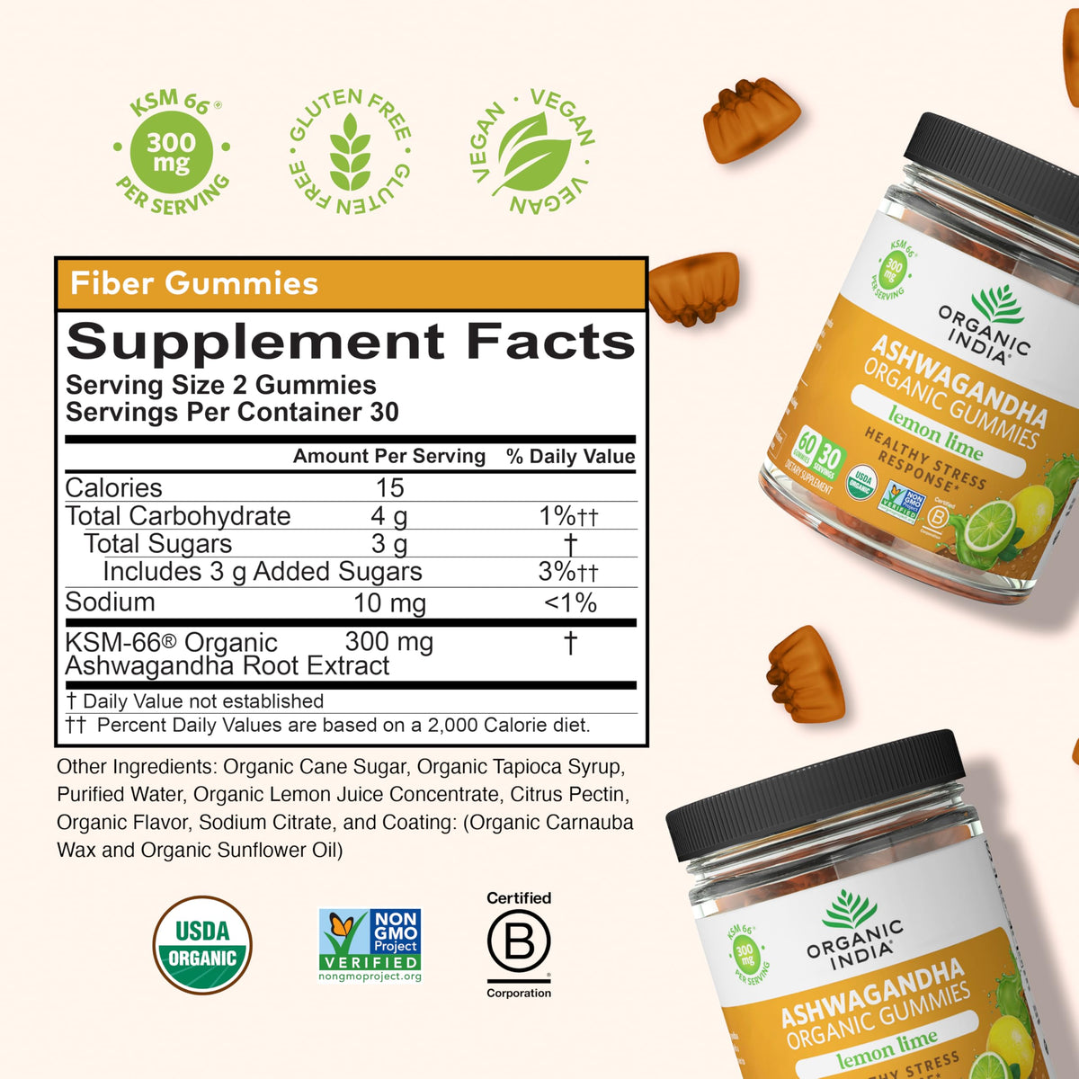 Organic India Ashwagandha Gummies glass jar packaging details