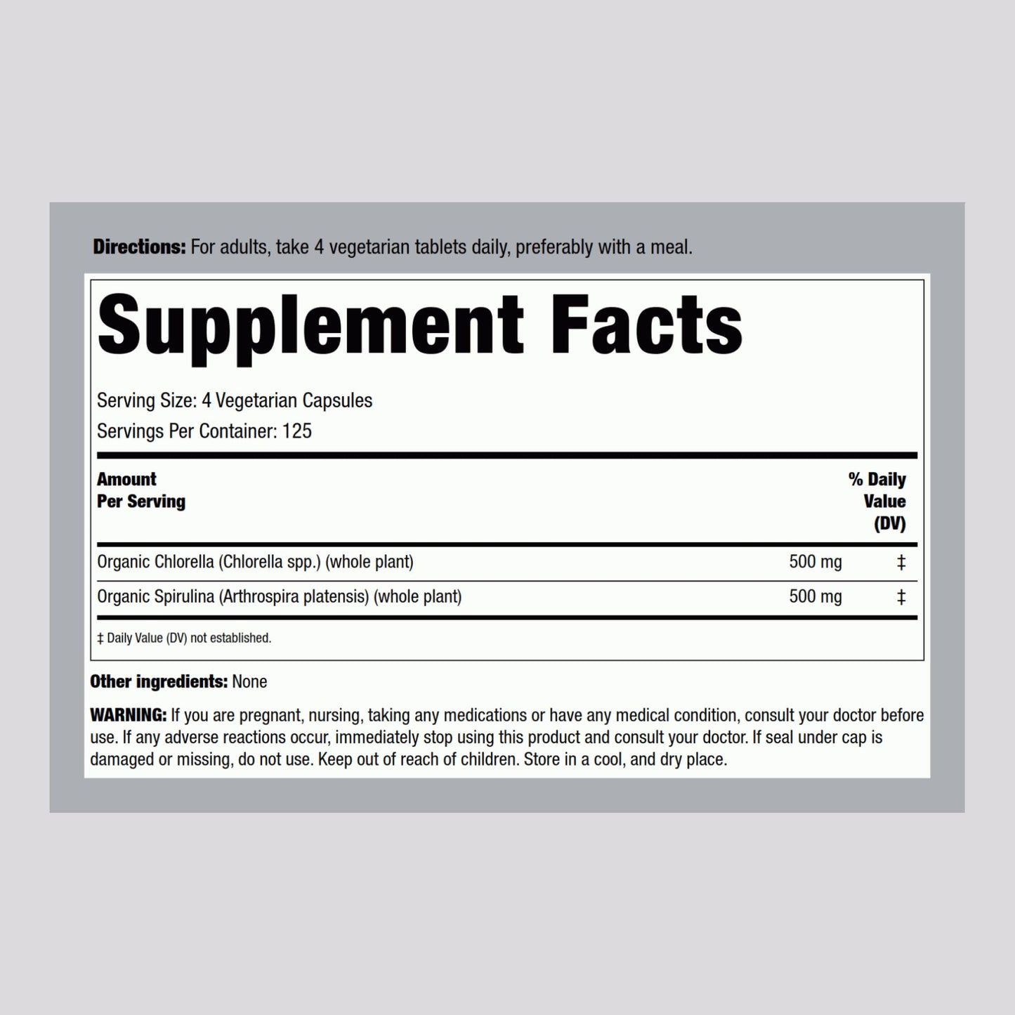 Piping Rock Chlorella Spirulina supplement label details