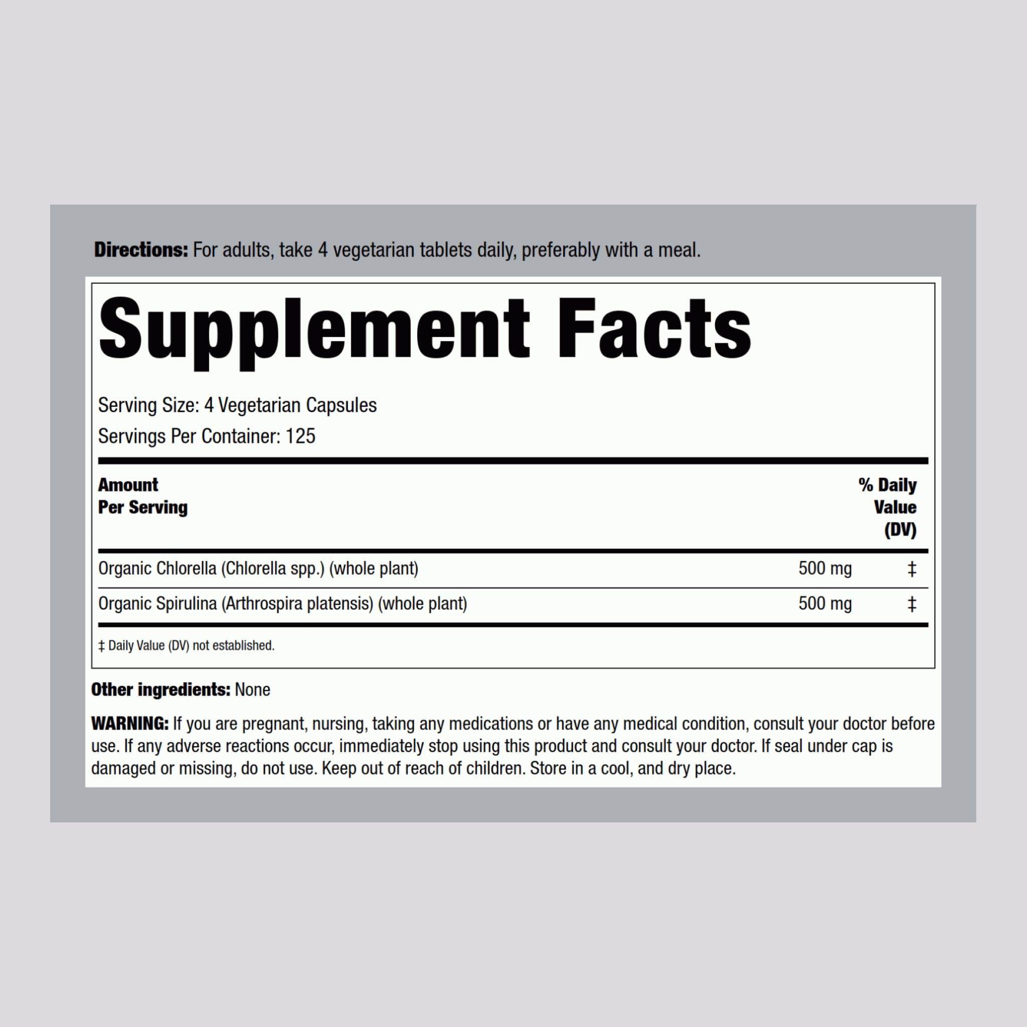 Piping Rock Chlorella Spirulina supplement label details