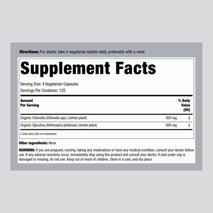 Piping Rock Chlorella Spirulina supplement label details