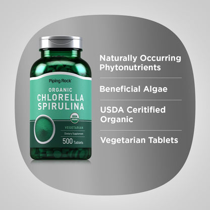 Close up of Piping Rock Chlorella Spirulina vegetarian tablets