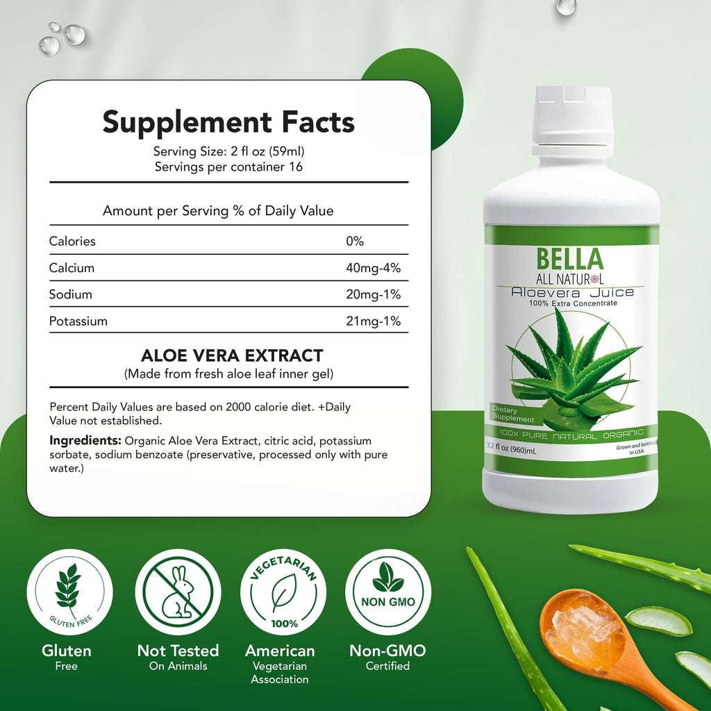 Bella All Natural aloe vera juice bottle label details