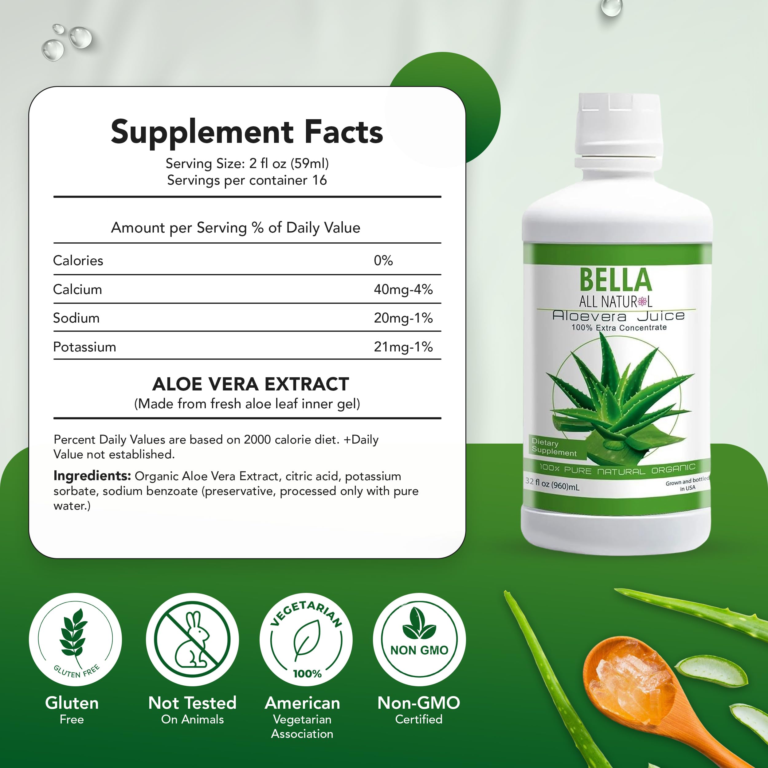 Bella All Natural aloe vera juice bottle label details