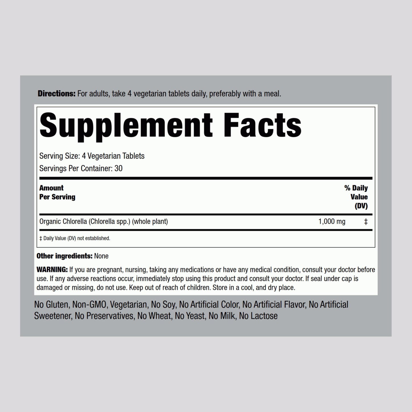 Piping Rock Chlorella vegetarian tablets supplement facts label