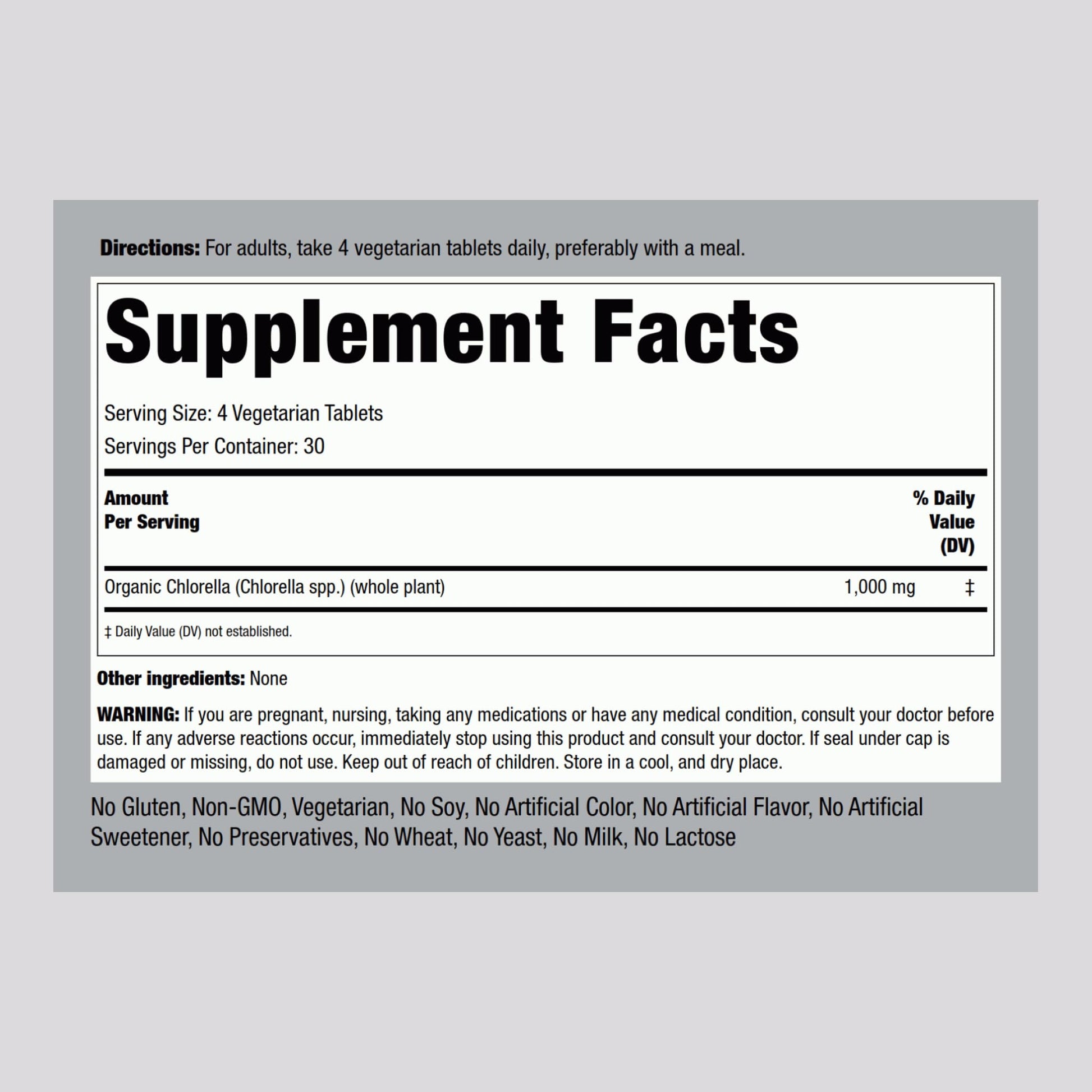Piping Rock Chlorella vegetarian tablets supplement facts label