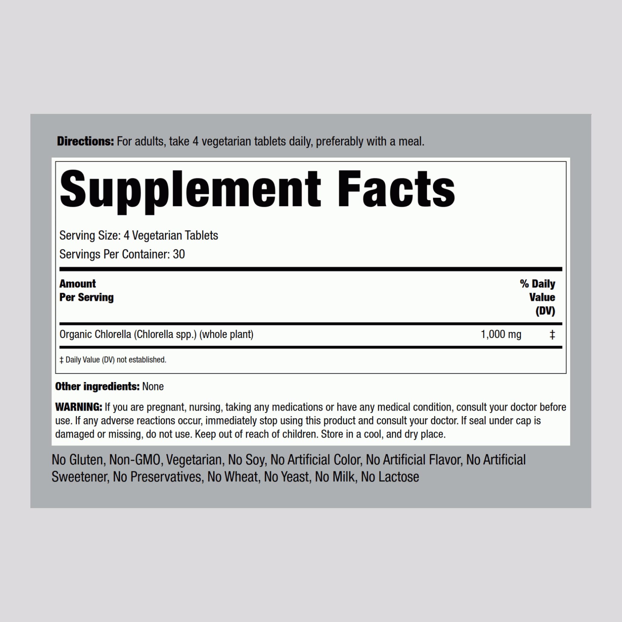 Piping Rock Chlorella vegetarian tablets supplement facts label