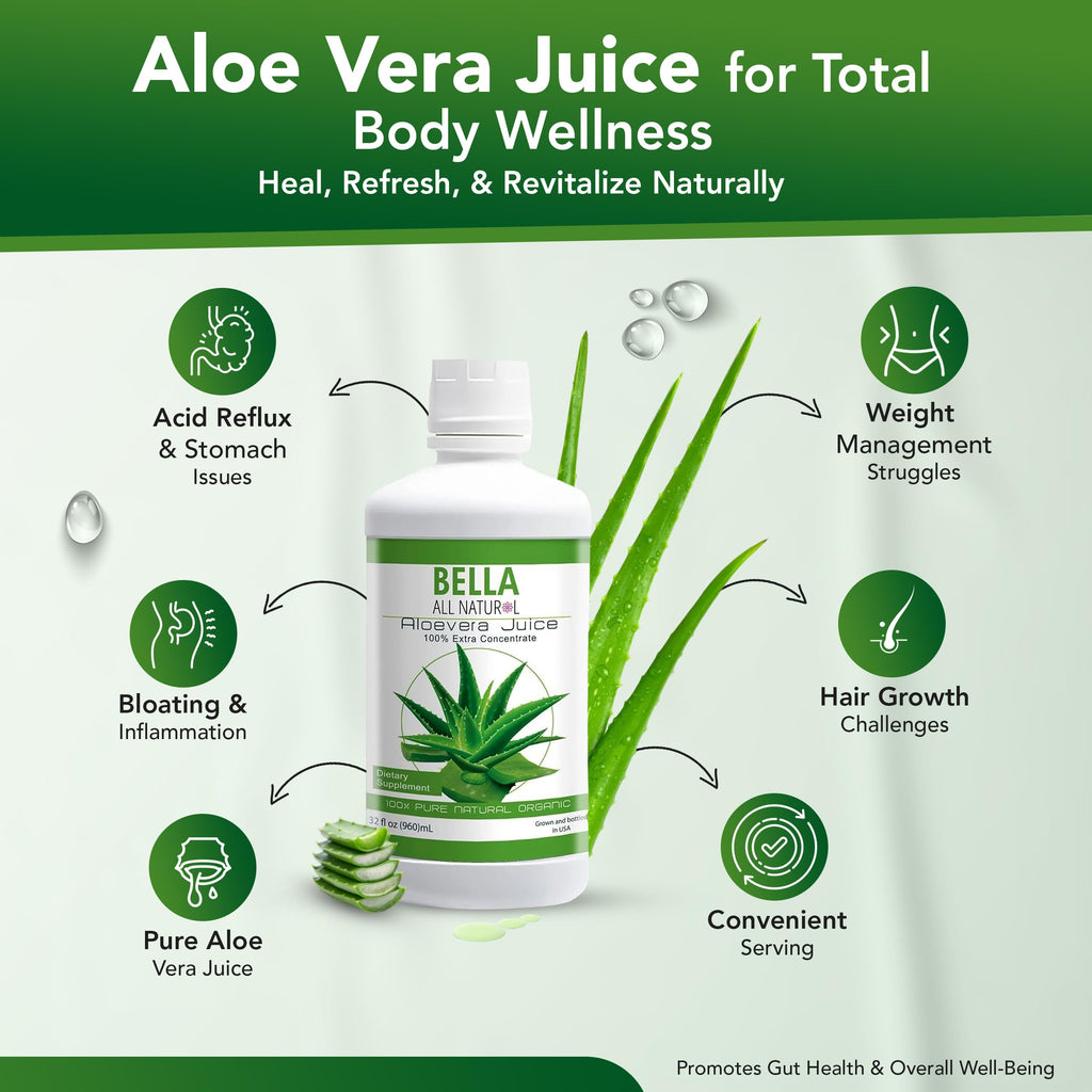 Top view of Bella All Natural unflavored aloe vera juice supplement