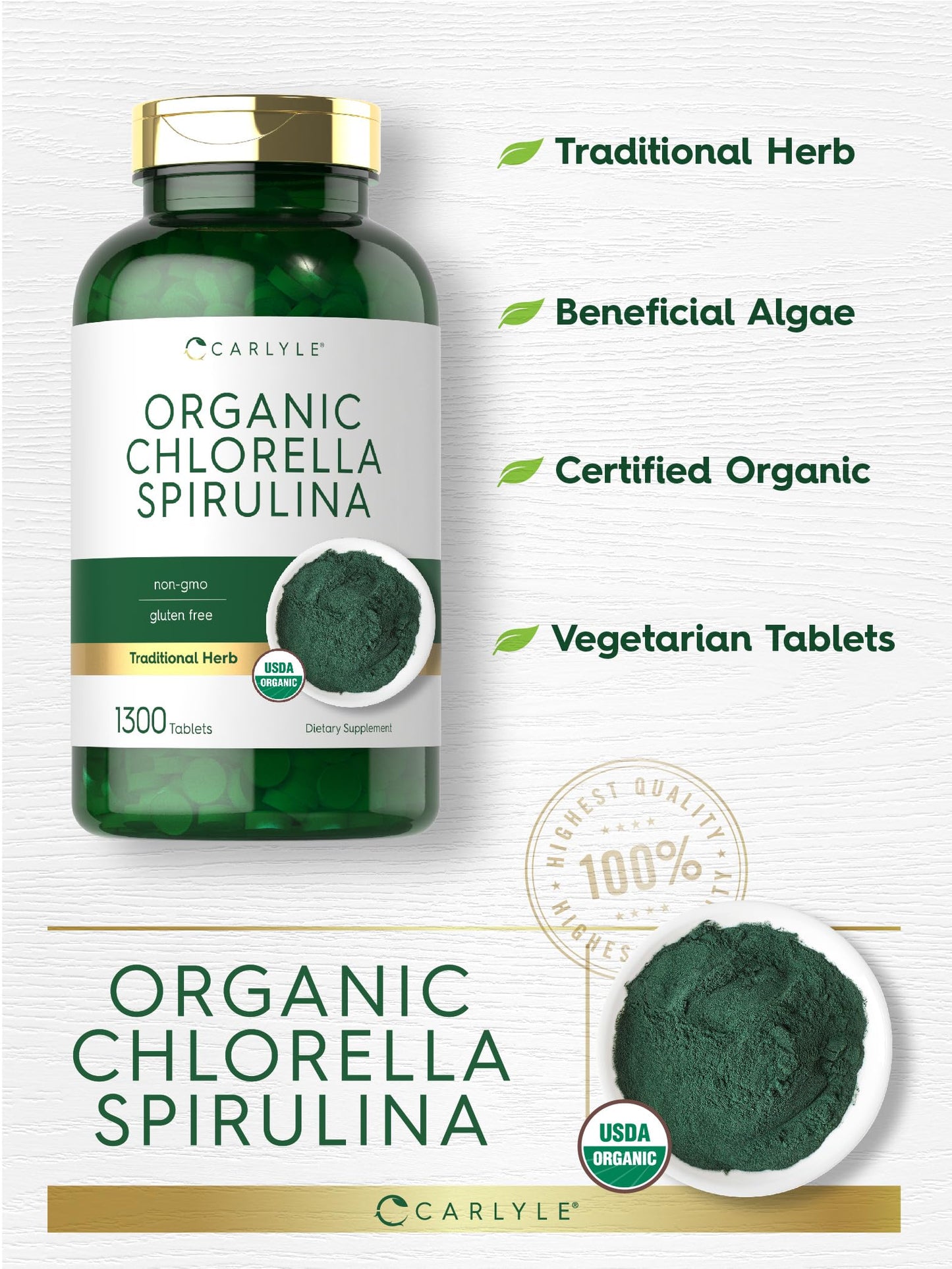 Close up of Carlyle Organic Chlorella Spirulina vegetarian tablets