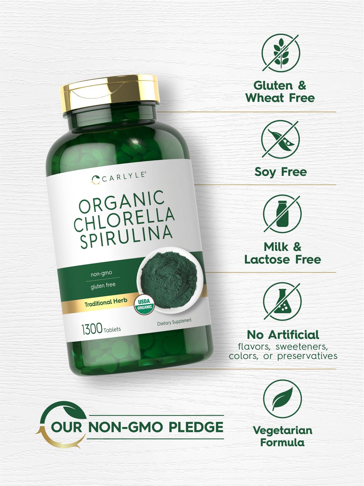 Carlyle Organic Chlorella Spirulina dietary supplement packaging details