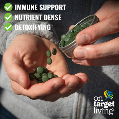 Top view of On Target Living organic algae superfood tablets
