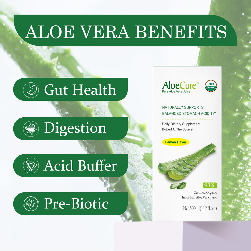 AloeCure organic aloe vera juice label detailing nutritional benefits