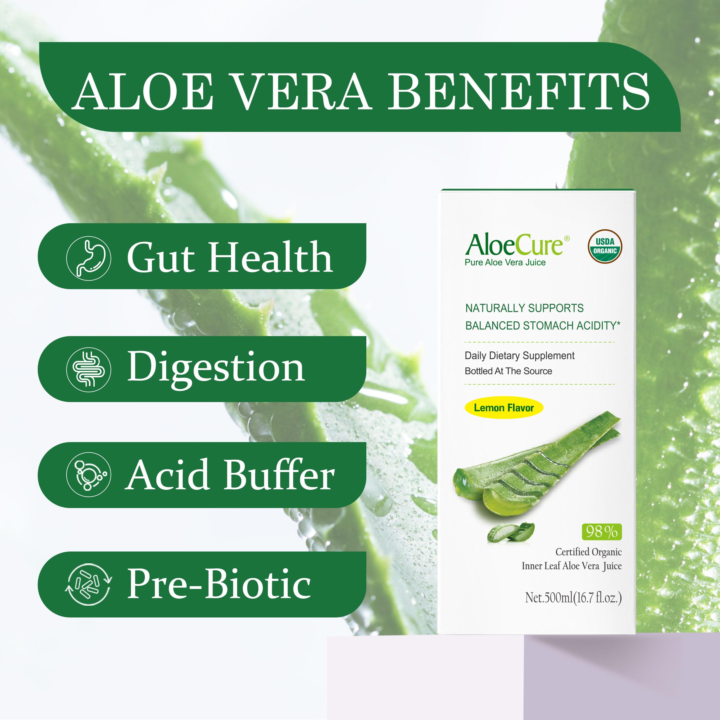 AloeCure organic aloe vera juice label detailing nutritional benefits