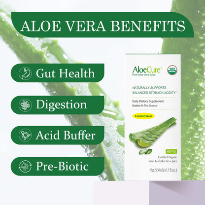 AloeCure organic aloe vera juice label detailing nutritional benefits