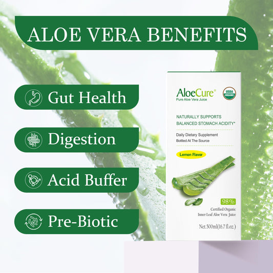 AloeCure organic aloe vera juice label detailing nutritional benefits