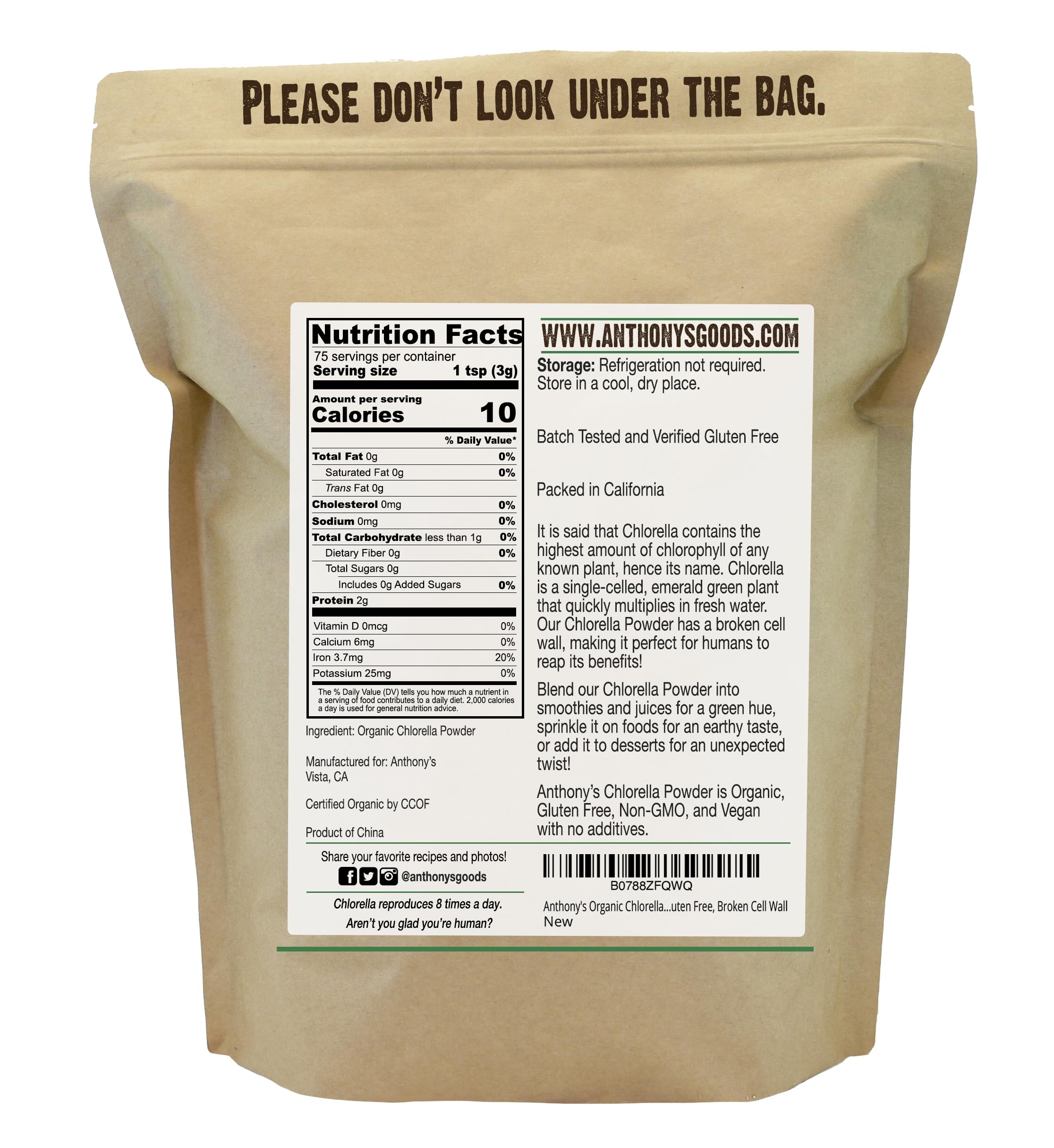 Anthony's Organic Chlorella Powder packaging details