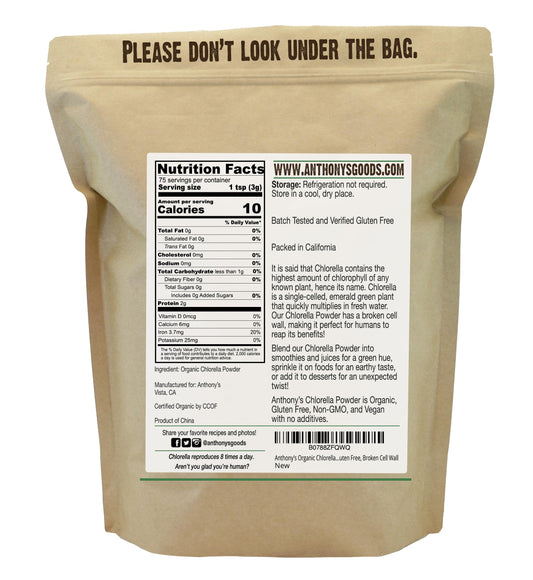 Anthony's Organic Chlorella Powder packaging details