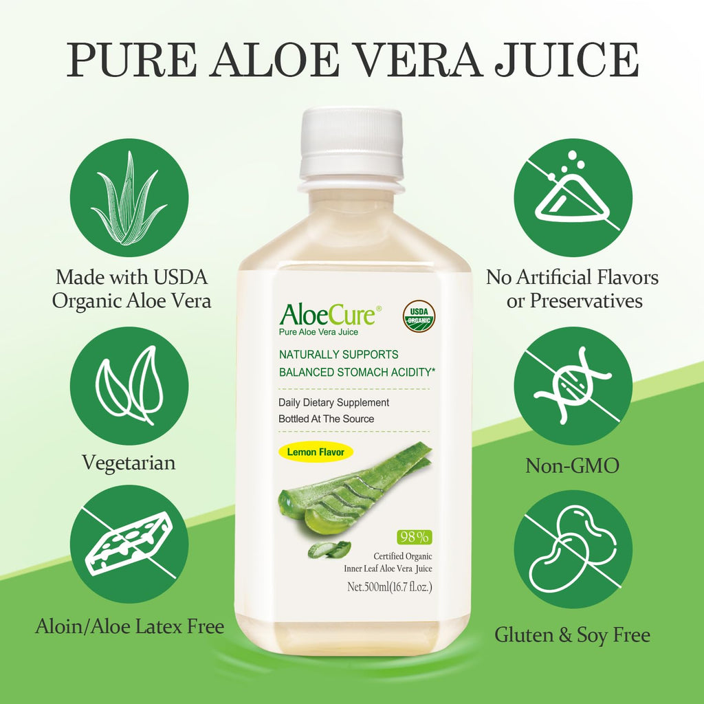 Side view of AloeCure 16.7 fluid ounce aloe supplement bottle