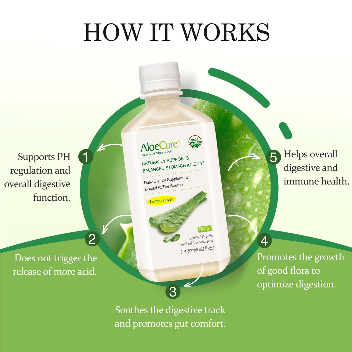 Close up of USDA organic certification seal on AloeCure bottle