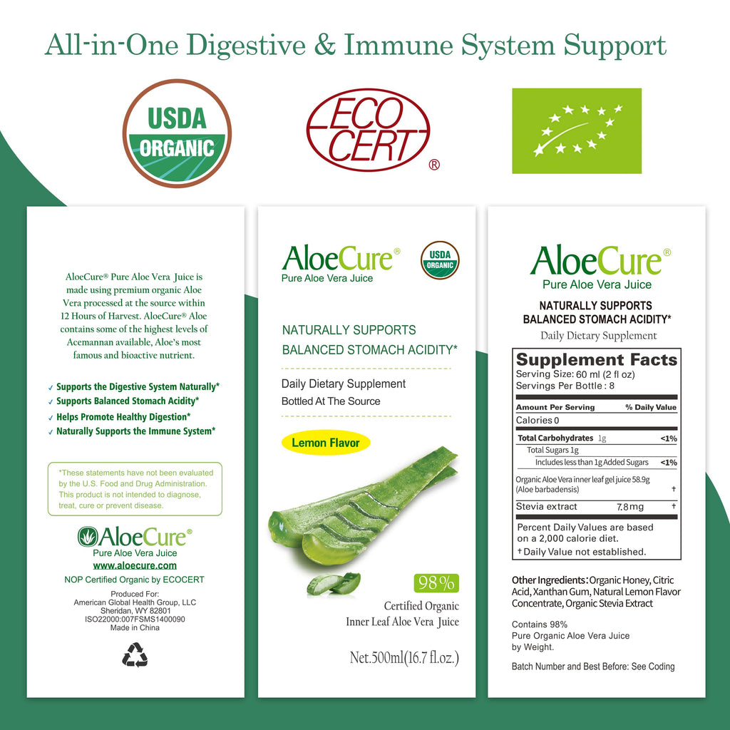 Nutrition facts panel on back of AloeCure aloe vera juice bottle