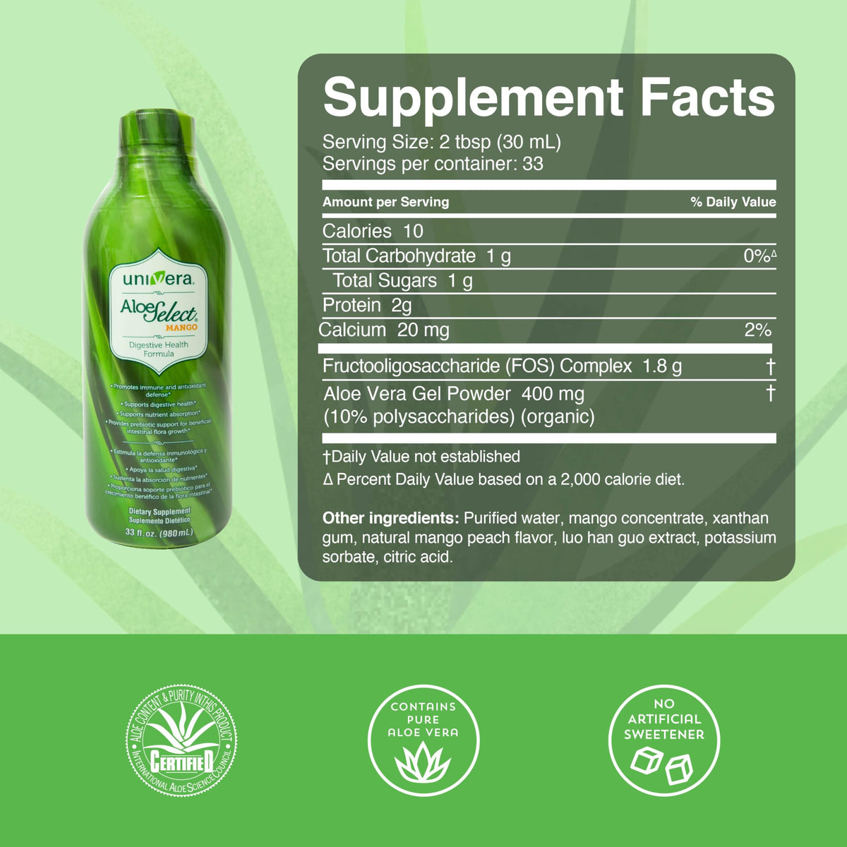 Refreshing mango flavored aloe vera juice supplement for gut health