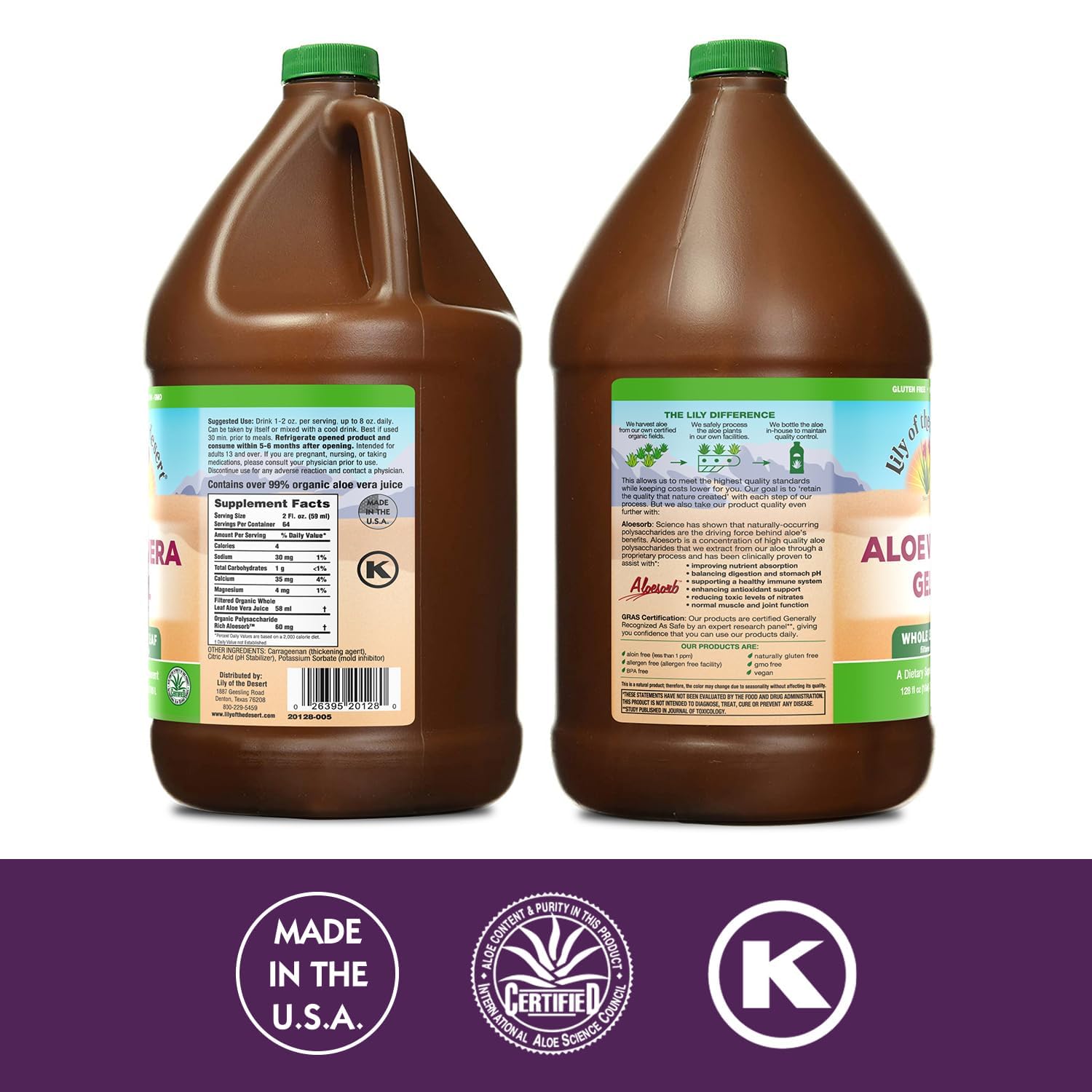 Lily Of The Desert organic whole leaf aloe drink packaging showcasing the Aloesorb certification label.