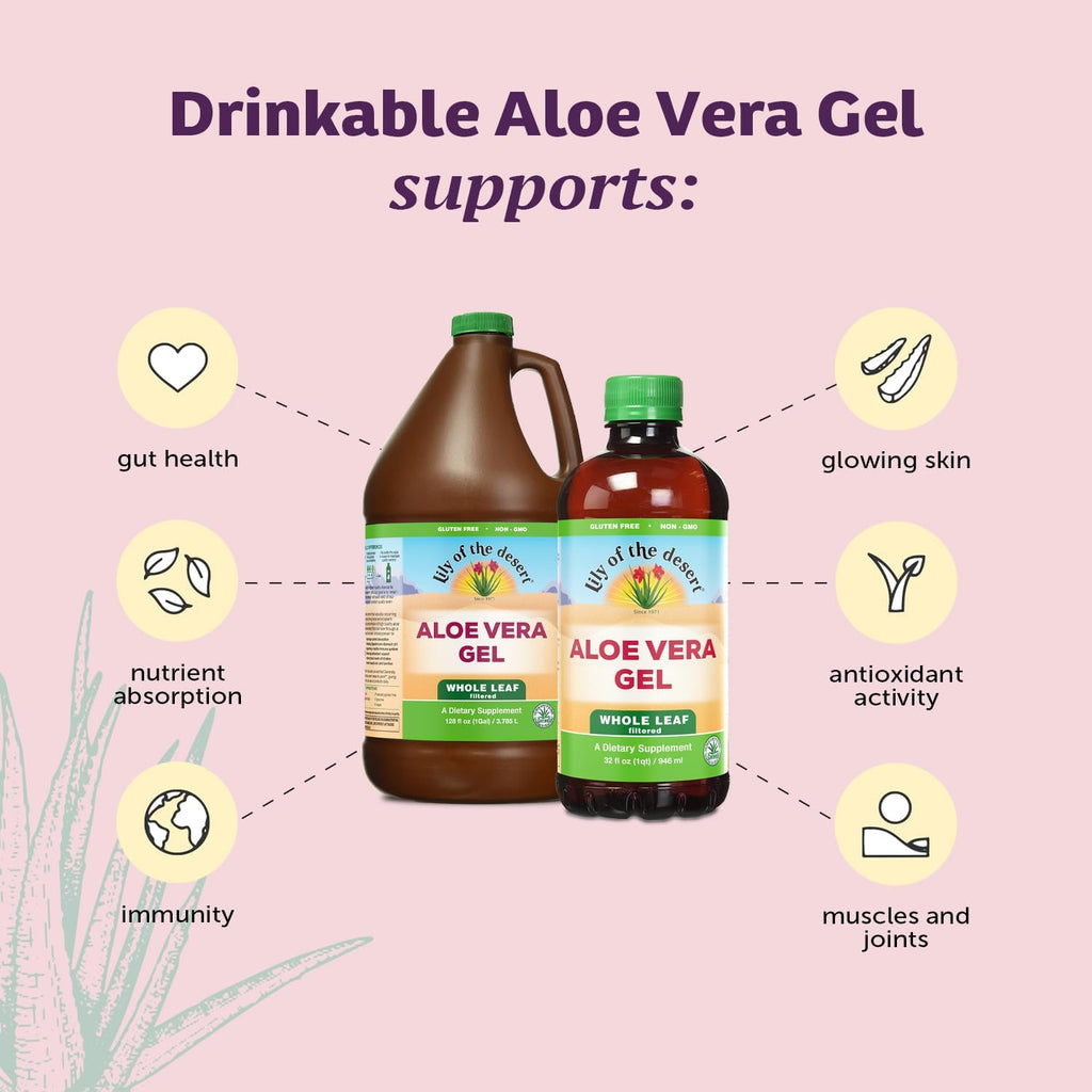 Back label view of Lily Of The Desert one gallon aloe vera gel displaying serving directions.