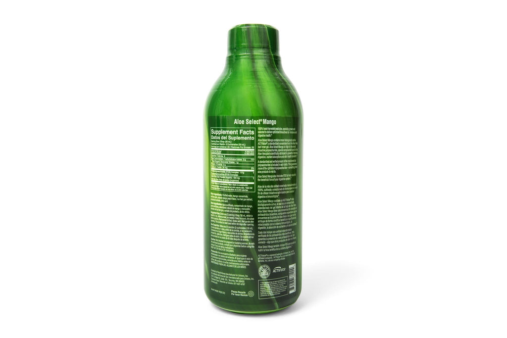Close up of Univera Aloe Select Mango branding and product benefits