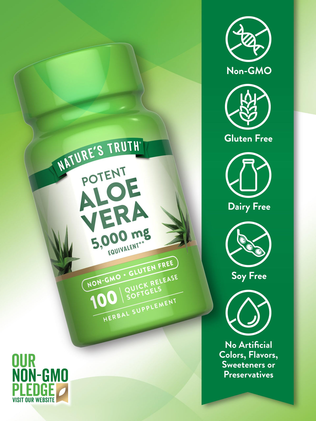 Side view of Natures Truth Aloe Vera 100 softgels bottle