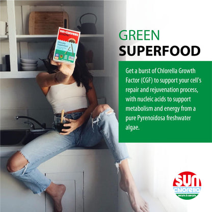 Sun Chlorella supplement packaging showing non-GMO certification