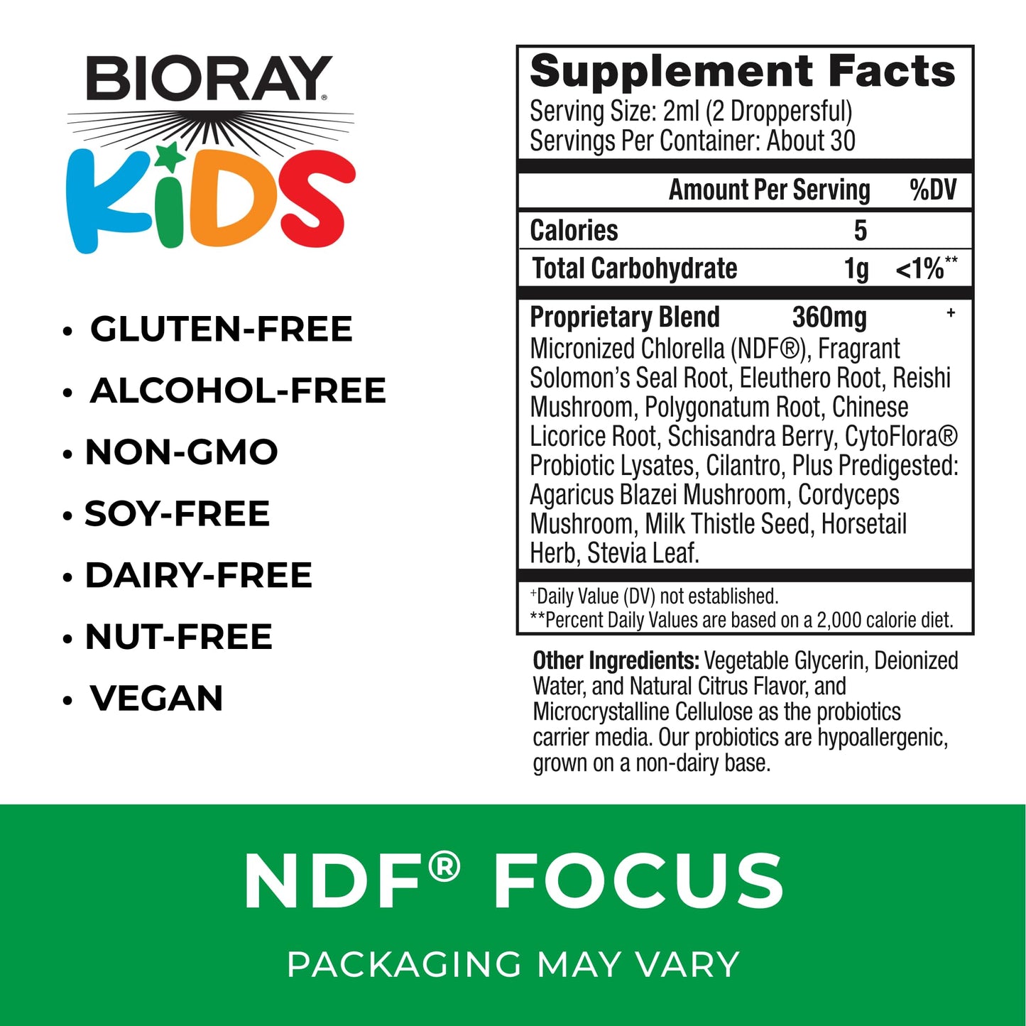 Bioray Kids Ndf Focus herbal supplement bottle with citrus flavor