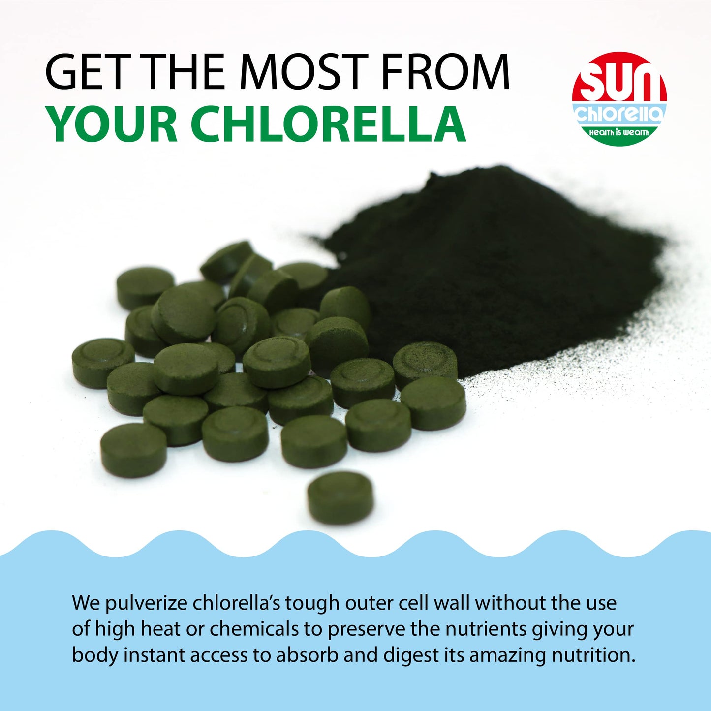 Top view of Sun Chlorella dietary supplement bottle