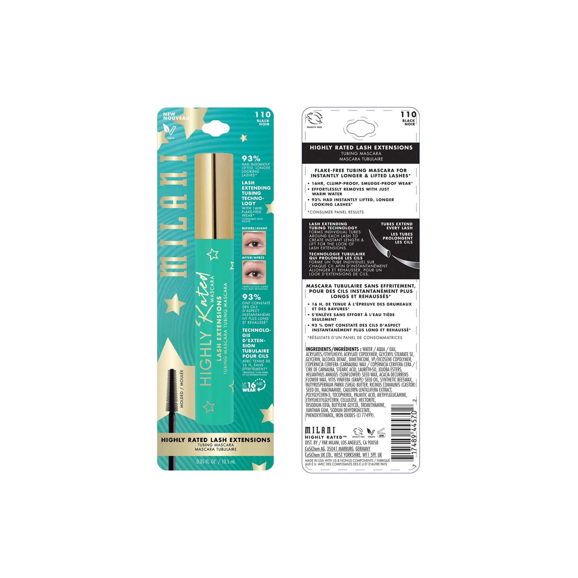 Milani teal and gold tubing mascara wand with black formula