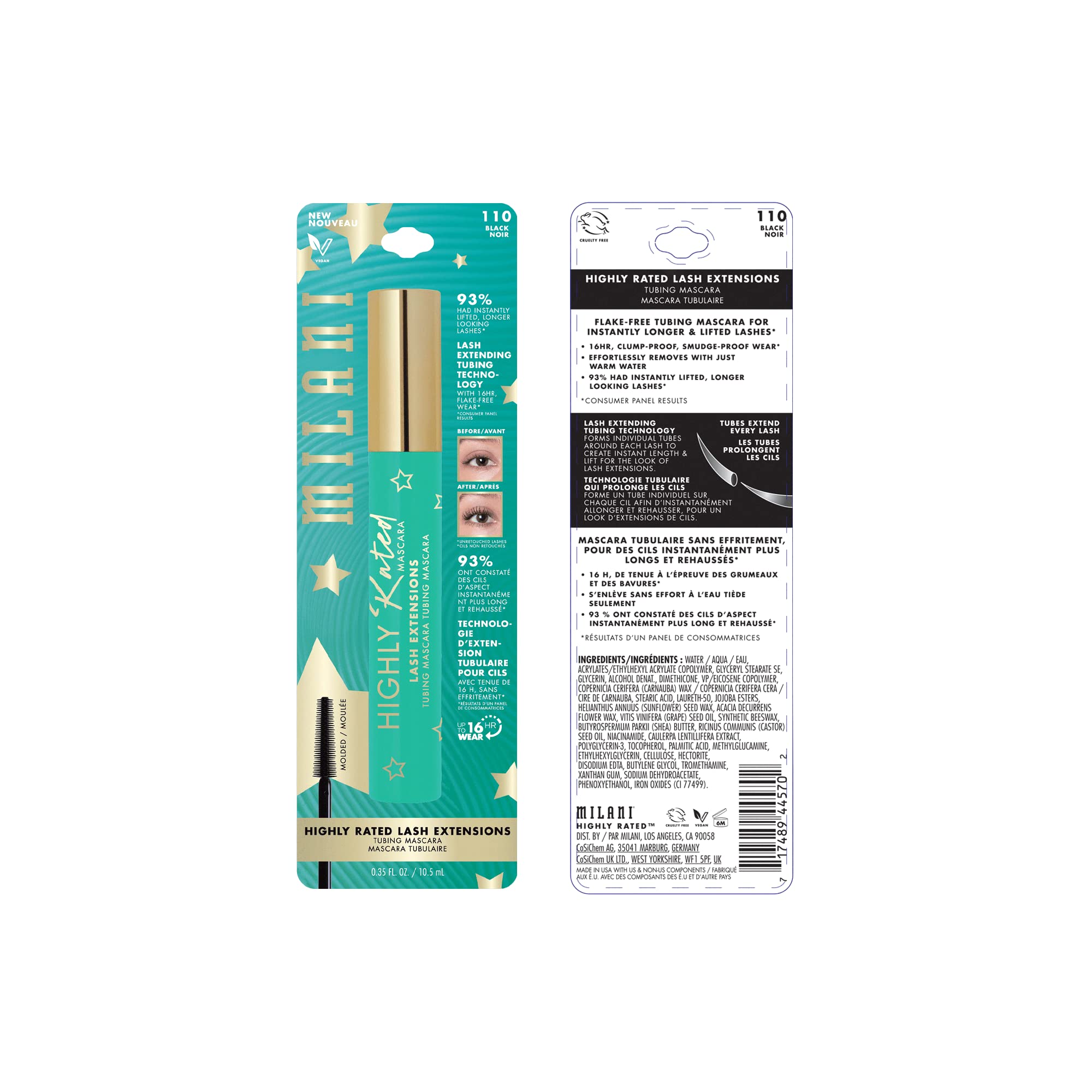 Milani teal and gold tubing mascara wand with black formula