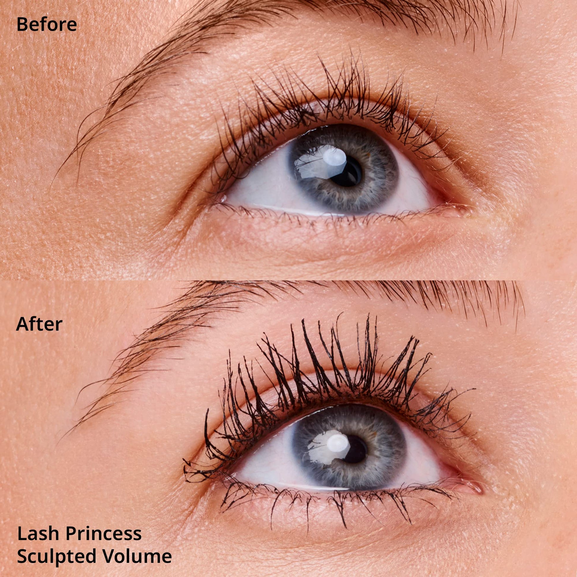 Essence Cosmetics black defining and volumizing mascara wand showing even distribution of the intense pigment.