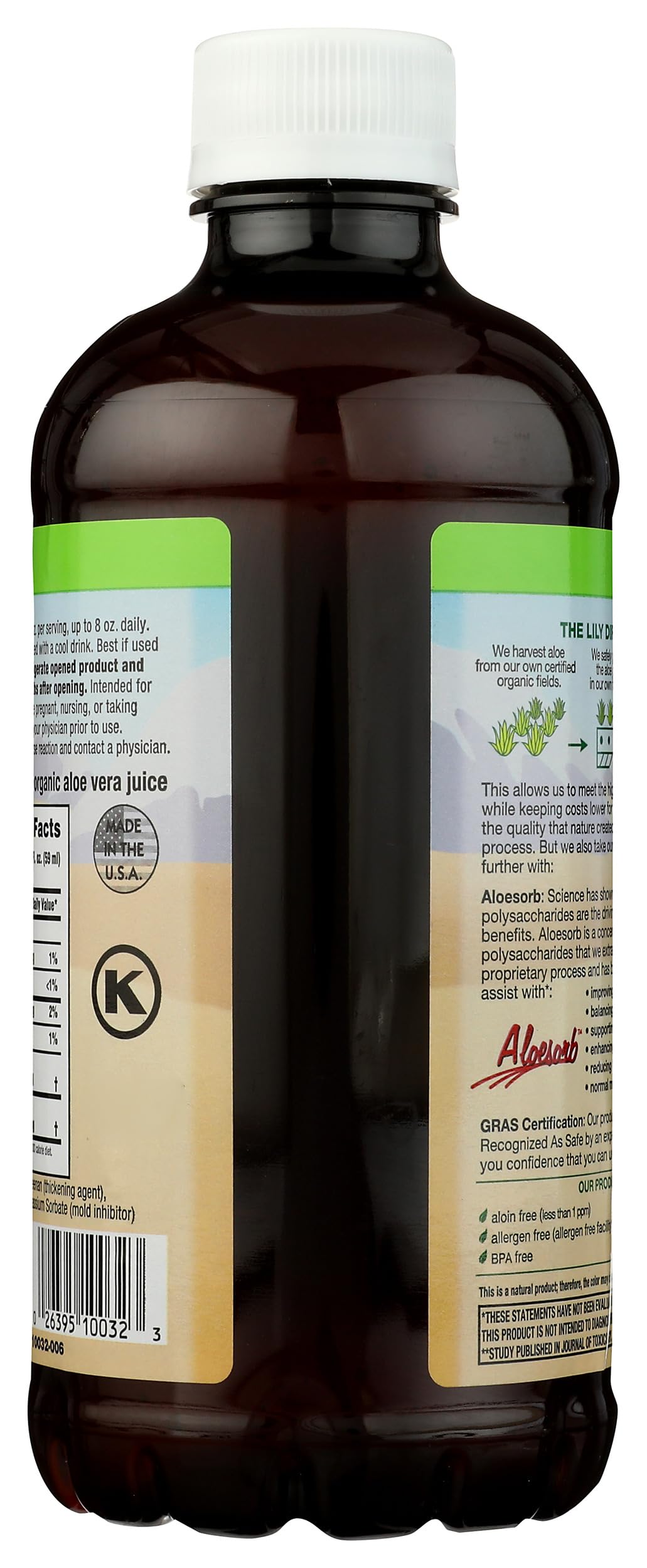 Lily of the Desert internal aloe vera liquid supplement bottle showing organic certification